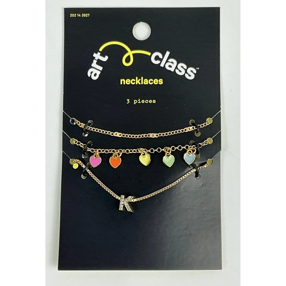 Art Class 3pc Necklace Set Gold Tone Enamel Hearts Rhinestone Initial K NEW